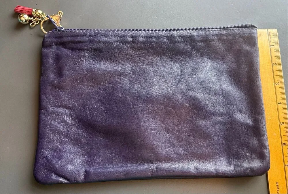 Purple leather envelope clutch with pink tassel zipper